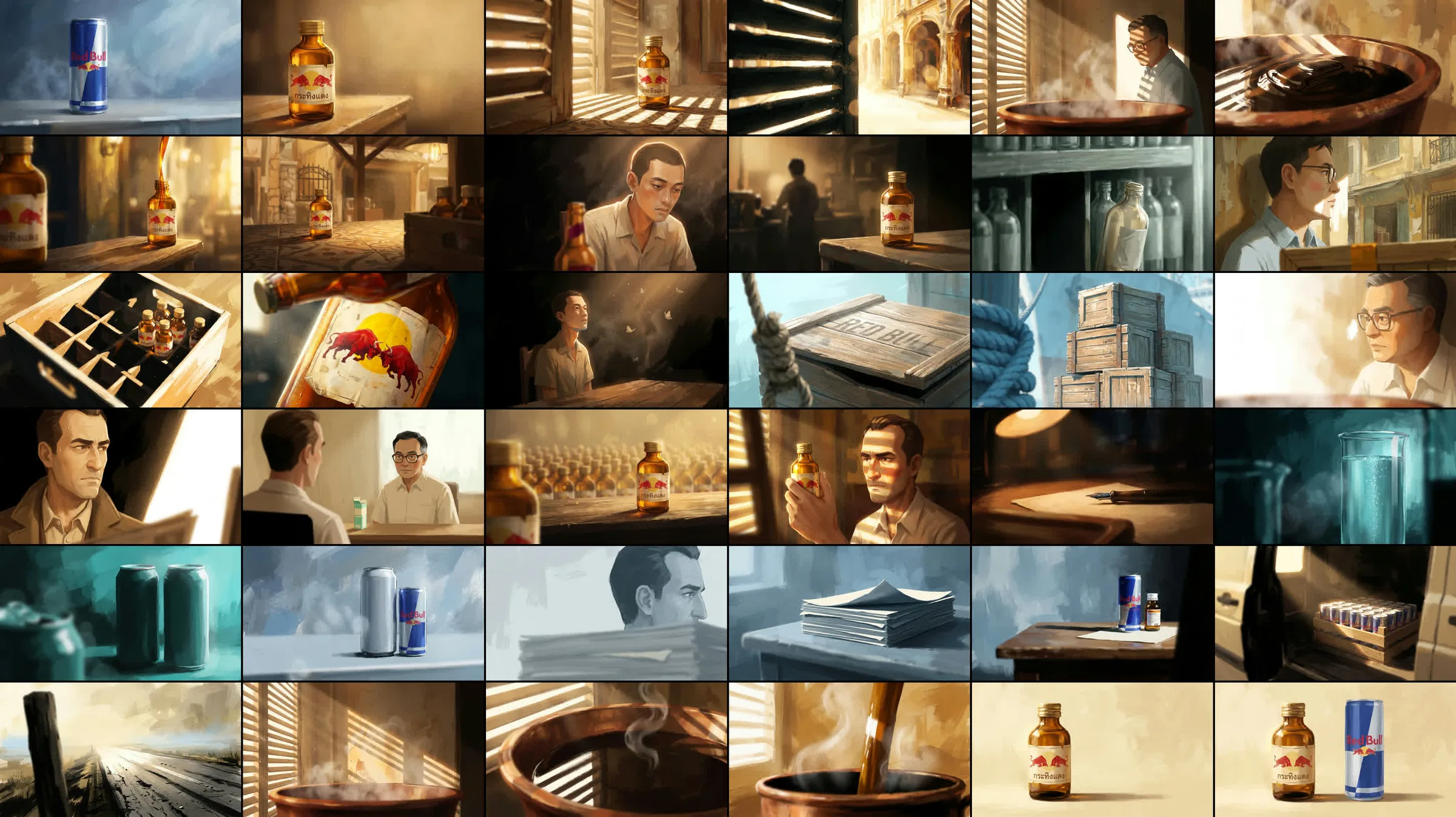 A contact sheet of all 36 approved painted frames of the film in timeline order, moving from gold and ochre through night amber, a pale blue dock, a cold grey blue passage, and back to warm gold.
