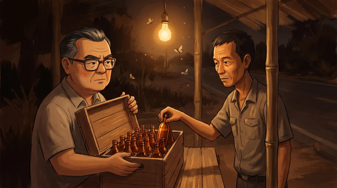 A painted night scene at a Bangkok stall: an older man in glasses hands a bottle from a crate to a younger man under a hanging bulb, in amber.