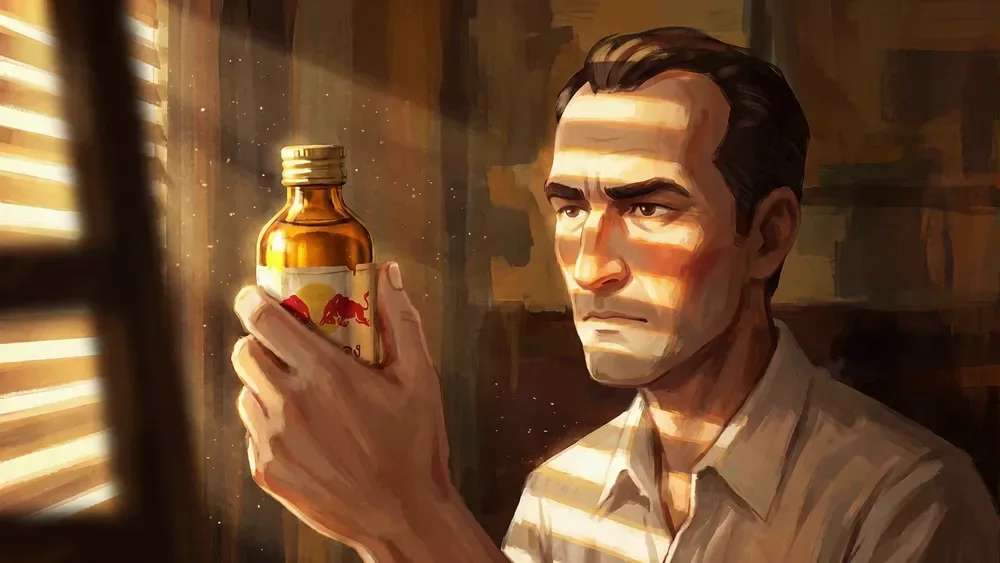 The first frame of the S17 clip: Mateschitz holds the bottle up in striped light.