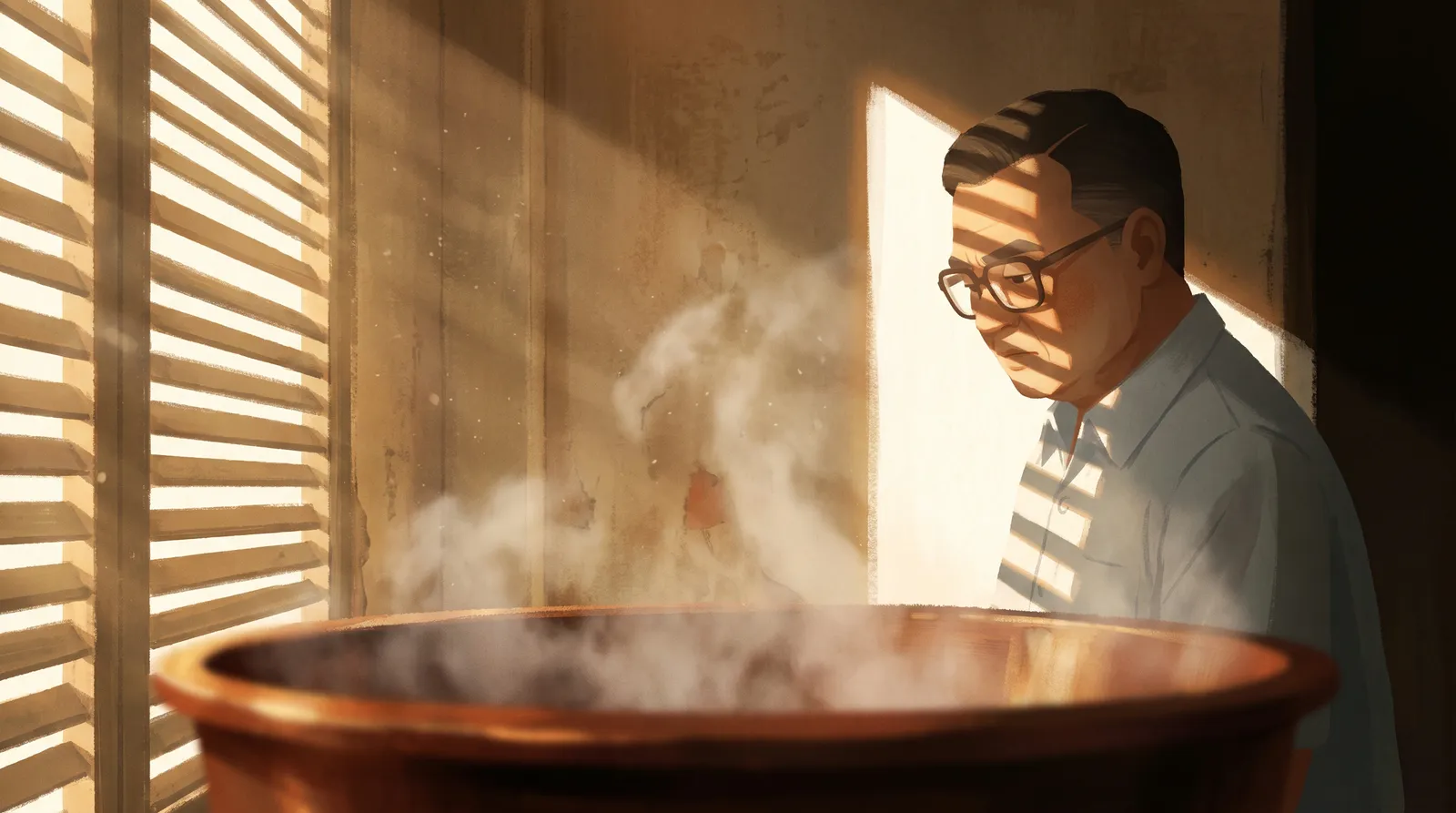 Chaleo in glasses looks down into a steaming copper vat in striped shutter light, warm ochre.