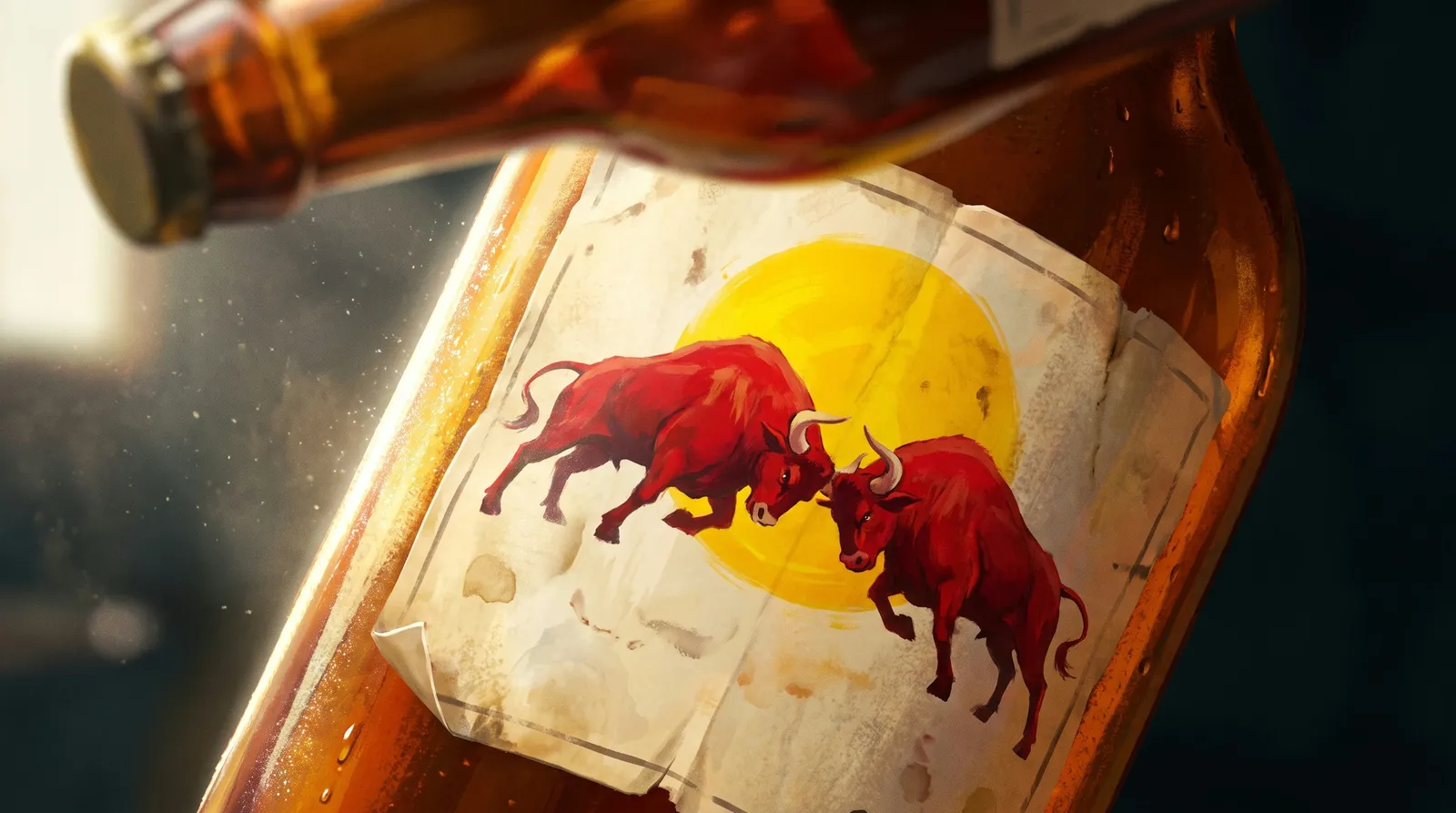 The still of the worn label with two red gaurs and a yellow sun.