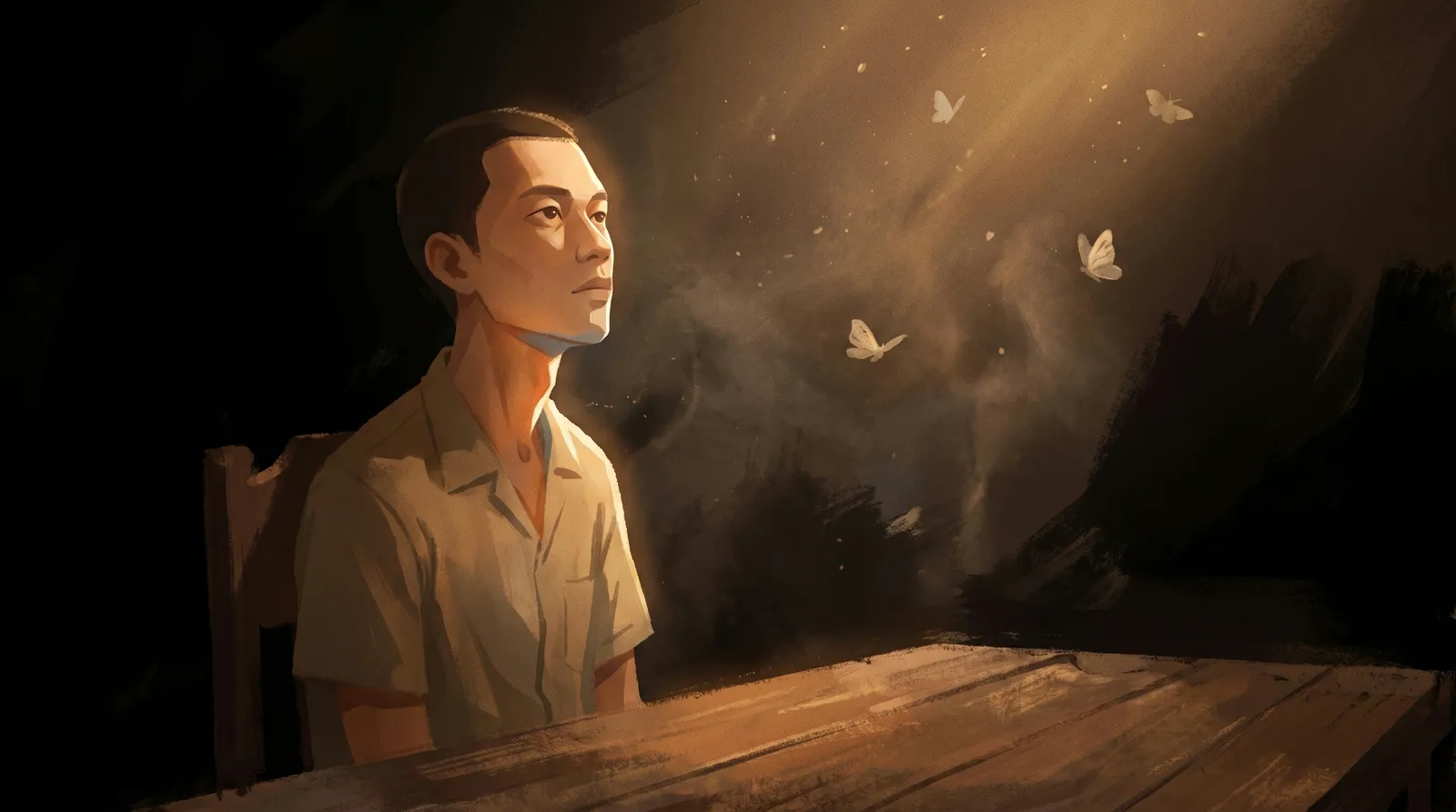 The still of the driver at night with moths in the light.