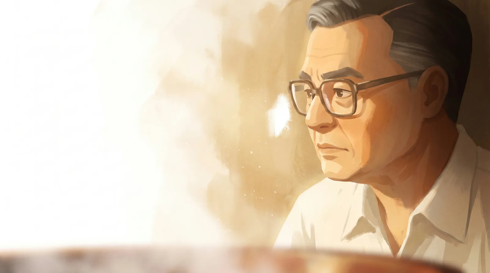 The approved frame: Chaleo in glasses looking out over blown white river light in warm ochre.