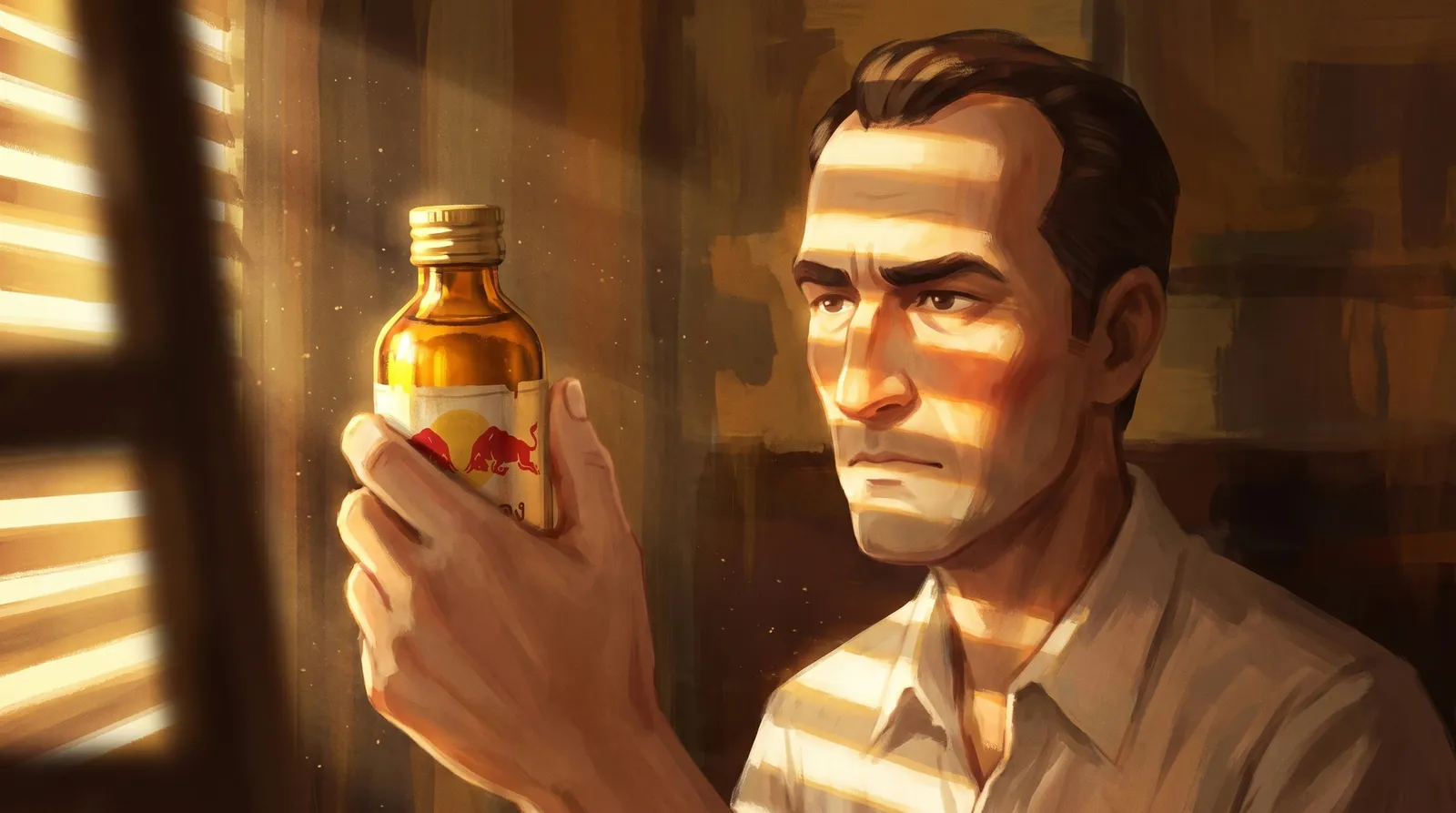 Mateschitz holds the small amber bottle up in striped shutter light, studying it, face and bottle equally sharp, in warm gold.