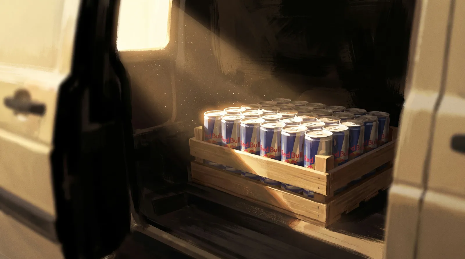 The still of packed cans in the back of a van at first light.