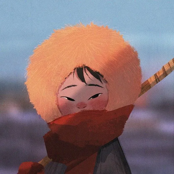 Moodboard painting: a girl bundled in a huge fur hood and a red scarf, in snow light.
