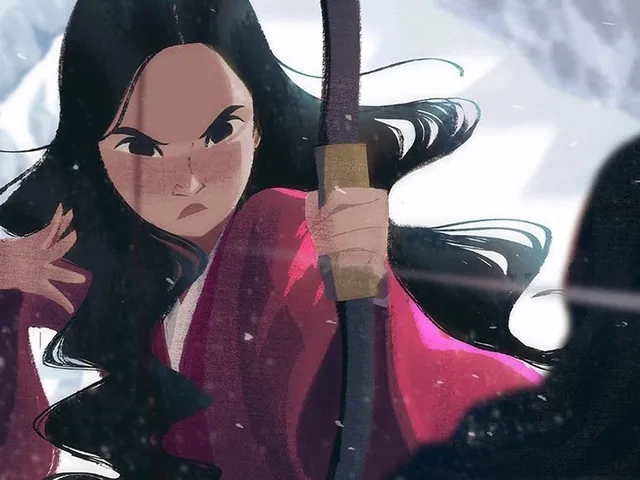 Moodboard painting: a young woman with long black hair drawing a bow, in a pink robe.