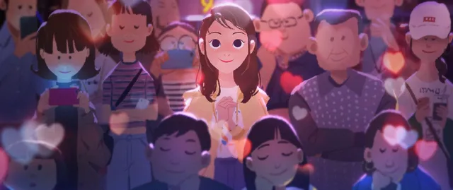 Moodboard painting: a smiling woman in a crowd of townspeople, in violet light.