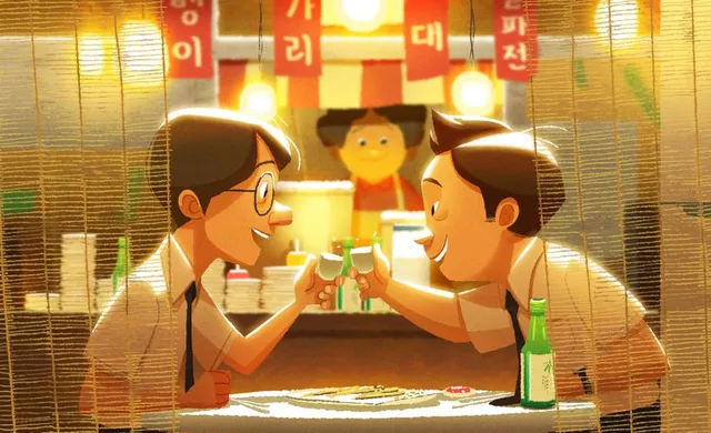 Moodboard painting: two men toasting at a street food stall at night.
