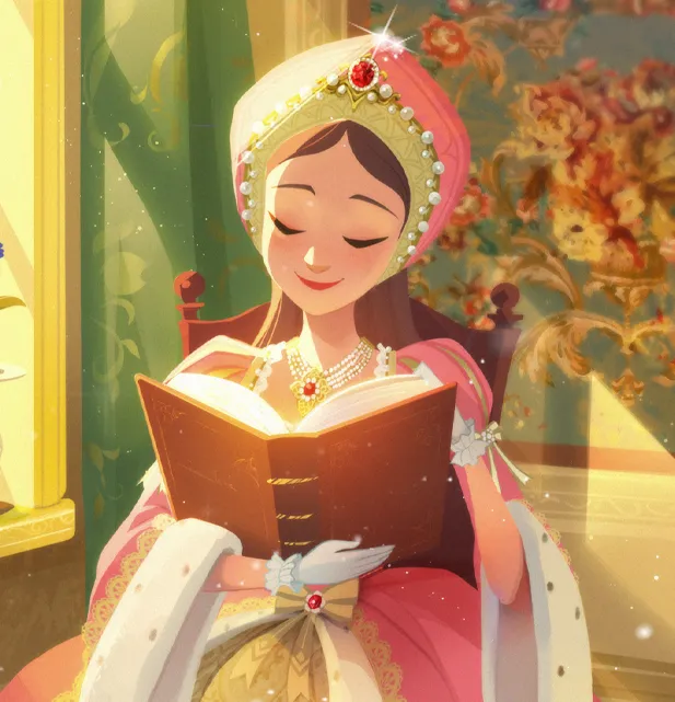 Moodboard painting: a woman in an ornate headdress reading a book, in green and gold.