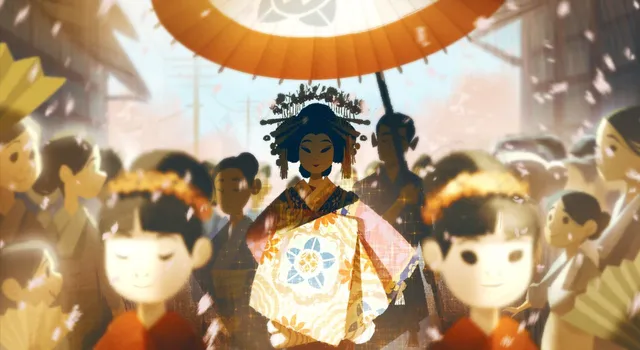 Moodboard painting: a crowned figure under a parasol in a procession of children.