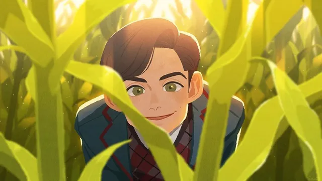 Moodboard painting: a smiling boy half hidden in tall green corn leaves.