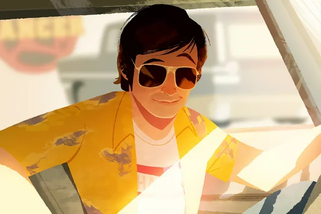 Moodboard painting: a man in sunglasses and a yellow shirt at the wheel of a car.