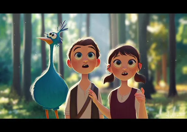 Moodboard painting: two children beside a tall blue bird in a sunlit forest.