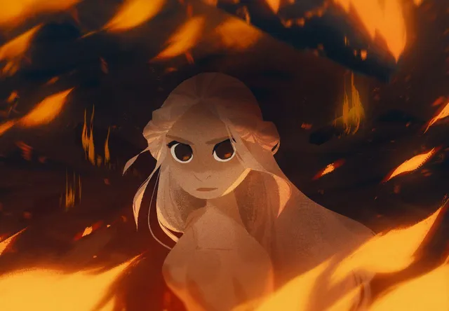 Moodboard painting: a pale haired girl surrounded by fire and embers.