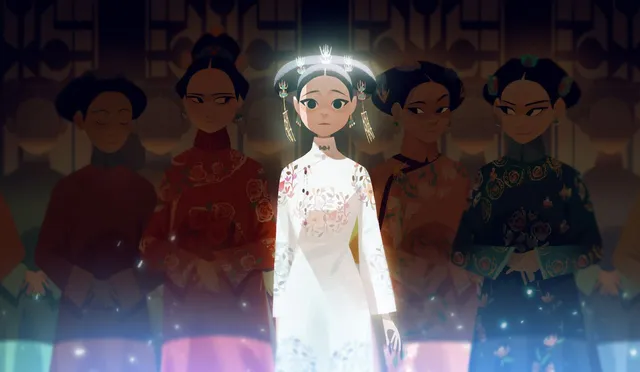 Moodboard painting: a young woman in a white dress among dark robed figures.