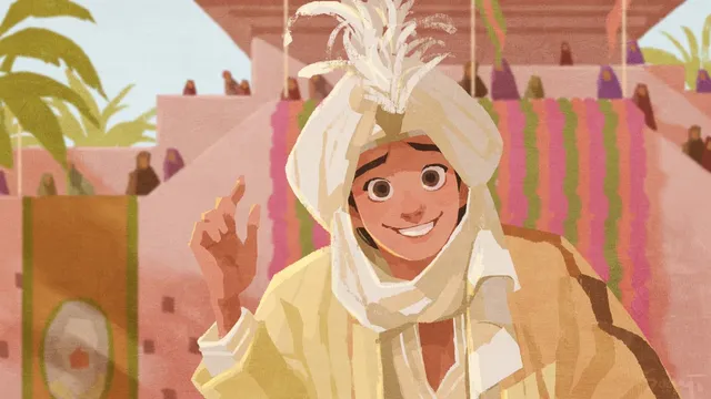 Moodboard painting: a smiling man in a white feathered turban in a pink market.