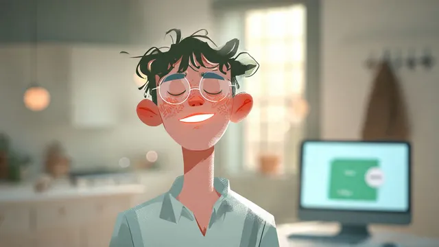 Moodboard painting: a curly haired man in glasses smiling at a computer.
