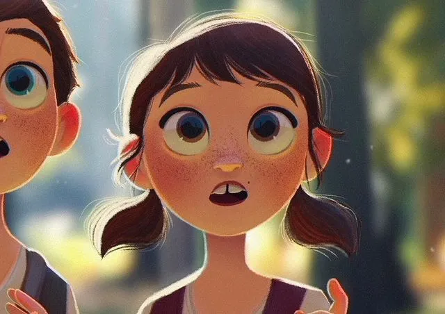 Moodboard painting: a wide eyed girl with pigtails, very close, the background blurred.