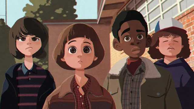 Moodboard painting: four children in 1980s clothes staring ahead.