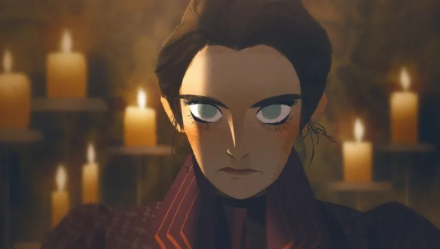 Moodboard painting: a dark haired woman with candles burning behind her, in low warm light.
