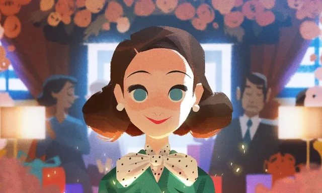 Moodboard painting: a smiling woman in a green dress at a busy party.