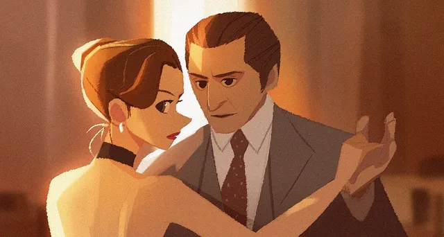 Moodboard painting: a woman and a man in a suit dancing close, in amber light.