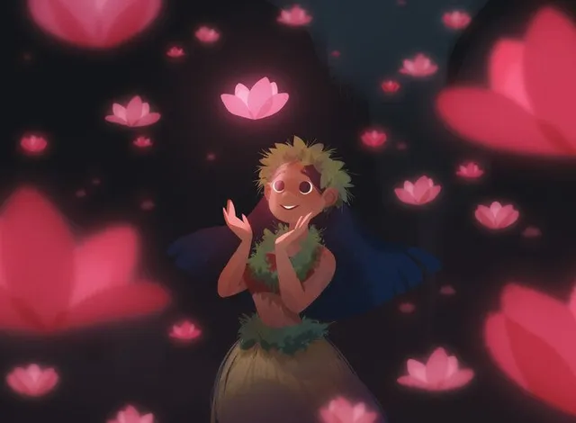Moodboard painting: a dancer among glowing pink lotus flowers at night.