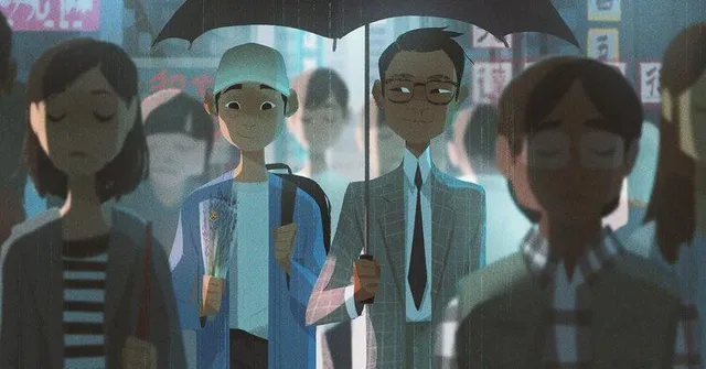 Moodboard painting: people under umbrellas on a rainy street, a man in glasses at the centre.