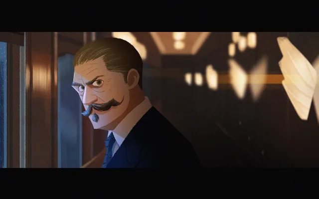 Moodboard painting: a man with a moustache in a lit train corridor at night.