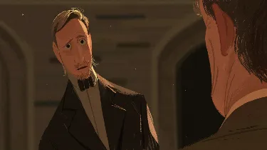 Moodboard painting: an older man in a dark coat speaking in a stone hallway.