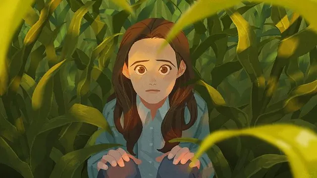 Moodboard painting: a worried woman crouching in tall corn.