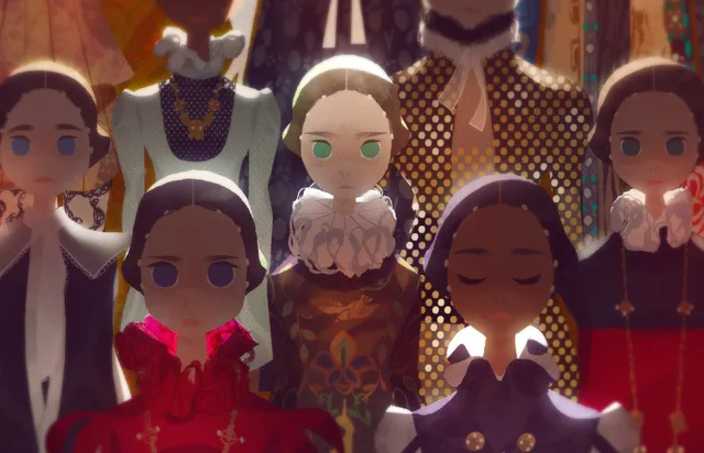 Moodboard painting: young women in lace collars and red dresses standing in a row.