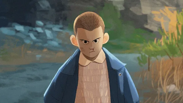 Moodboard painting: a short haired girl in a blue jacket frowning by a river.