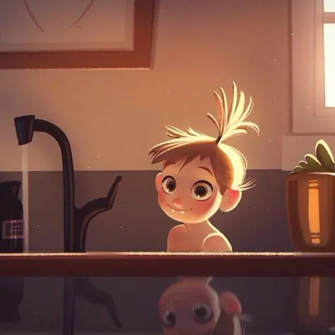 Moodboard painting: a toddler with a tuft of blond hair beside a kitchen tap.