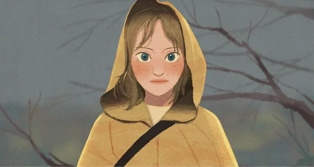 Moodboard painting: a girl in a yellow hooded raincoat among bare branches.