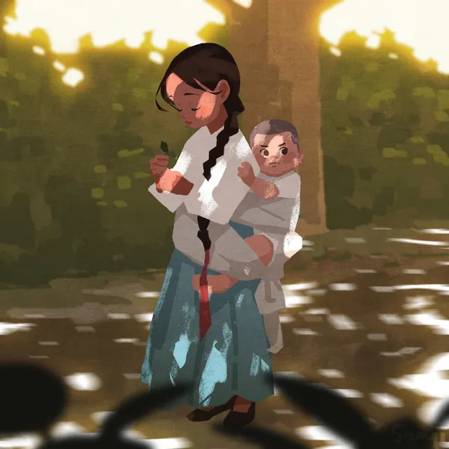 Moodboard painting: a woman with a long braid carrying a baby through dappled light.