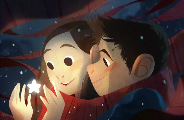Moodboard painting: a girl holding a glowing star against a man's shoulder at night.