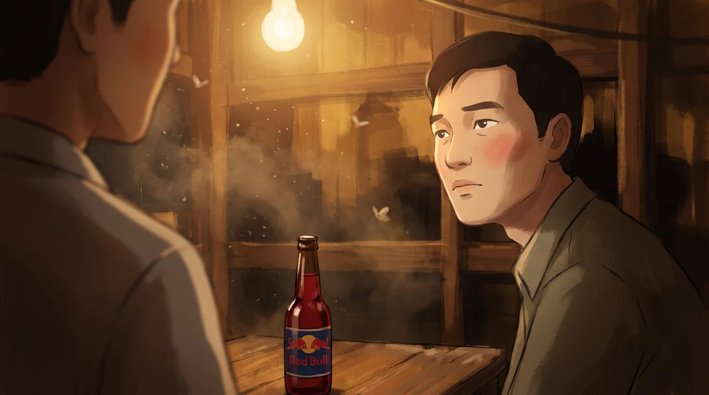 A rejected frame: two men at a night table with a modern dark Red Bull bottle and a lit bulb in frame.