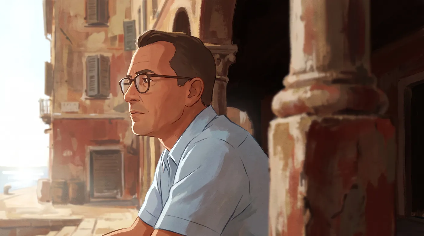 A rejected frame: a white European man on a Mediterranean harbour with terracotta buildings.