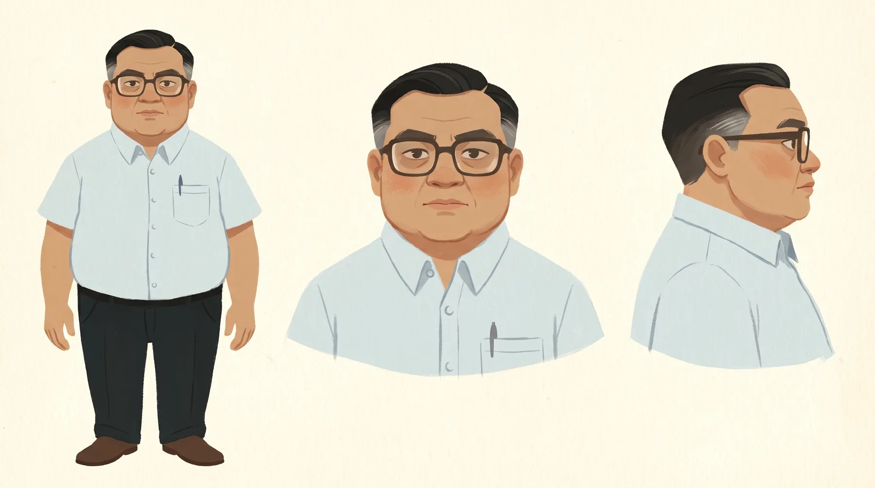 A painted character sheet of Chaleo Yoovidhya in three views: a short stocky Thai man in his fifties with heavy dark rectangular glasses and a pale blue short sleeved shirt buttoned to the throat.