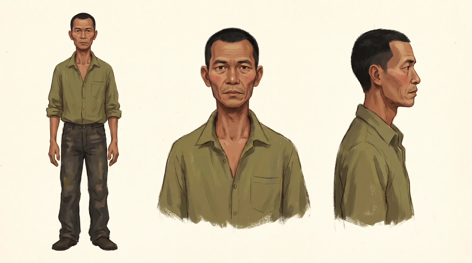 The first driver sheet: a weathered man in a dark olive shirt, heavy and dark.