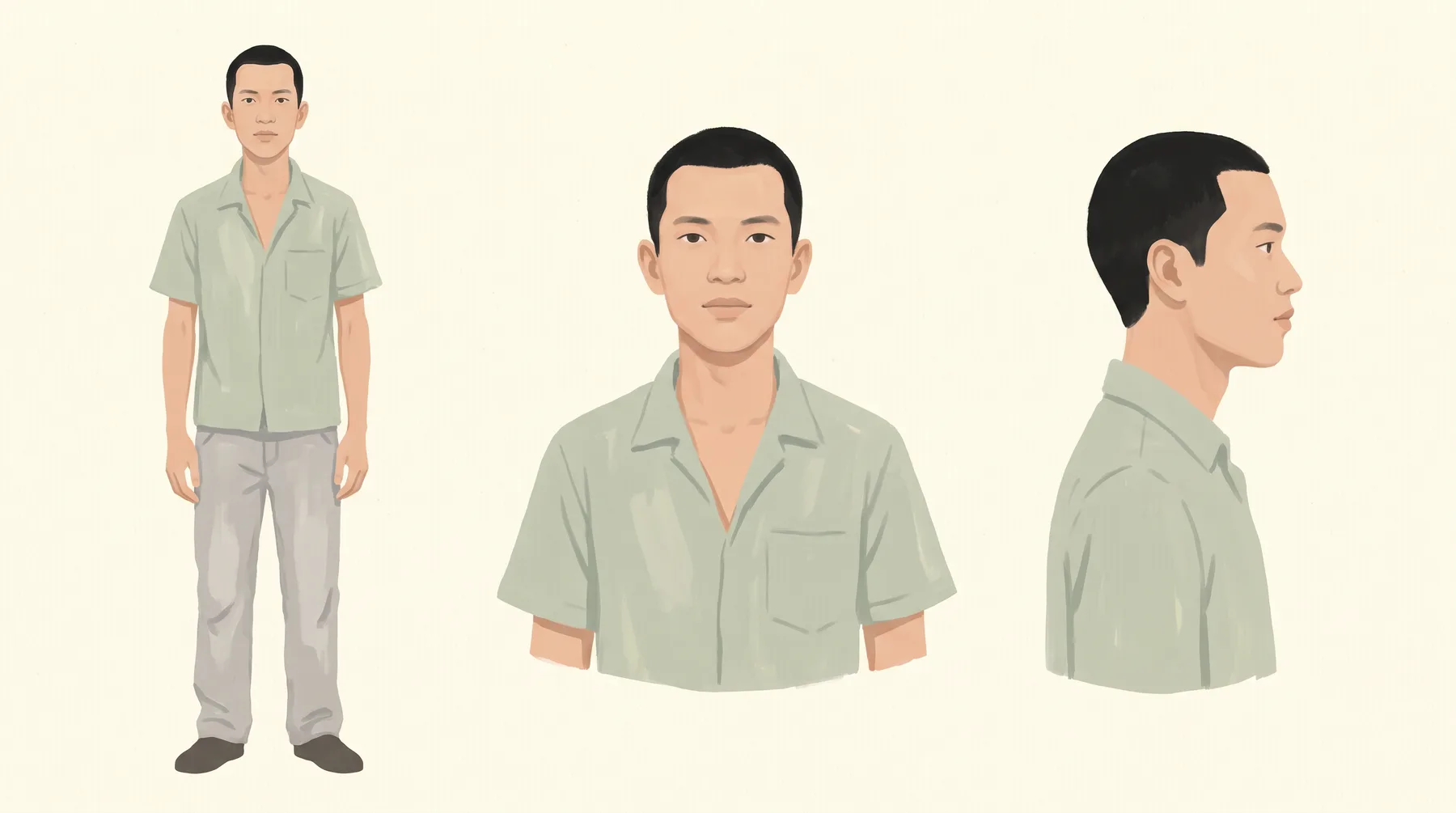 The approved driver sheet: a young man in a pale sage short sleeved shirt, light and airy.