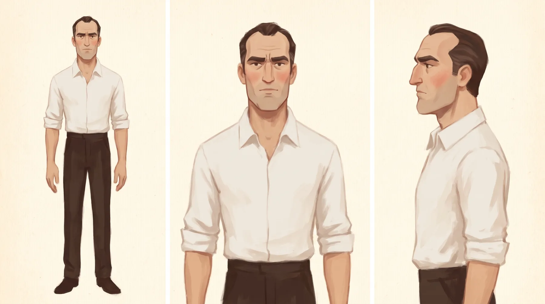 A painted character sheet of Dietrich Mateschitz in three views: a tall lean man in his forties with receding hair swept back and a white shirt open at the collar.