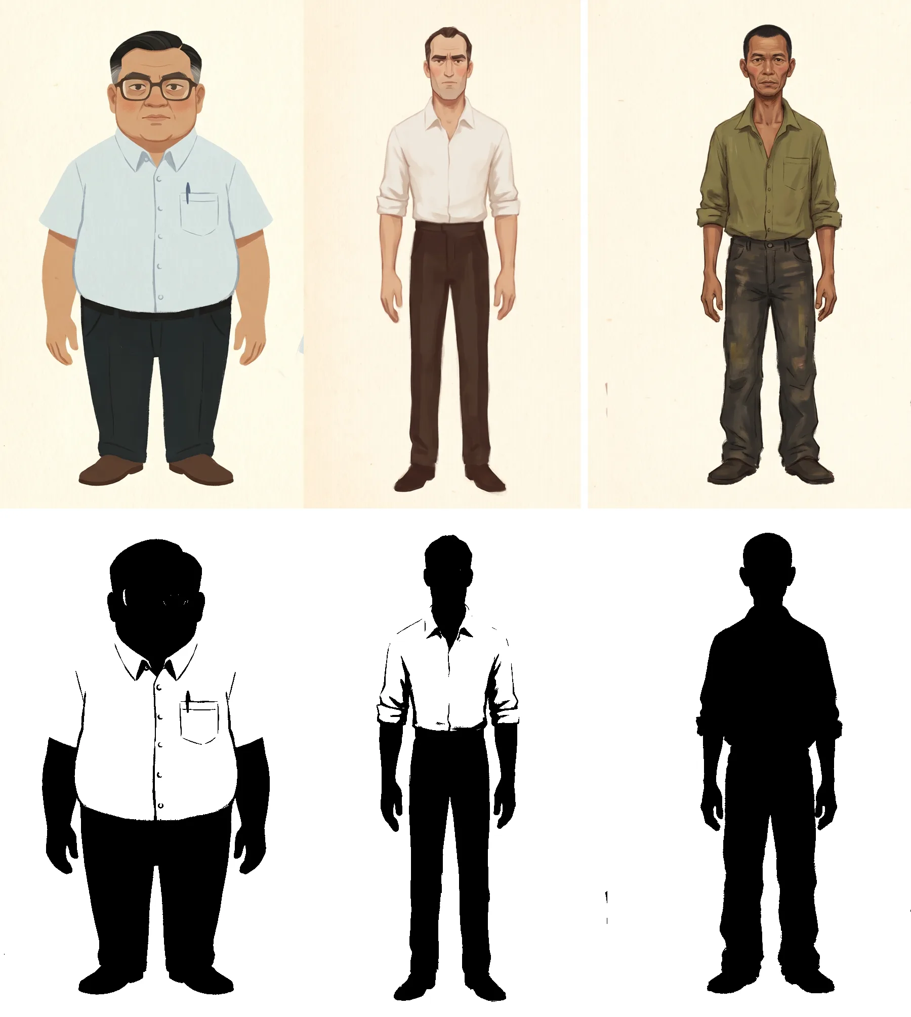 Three full length painted characters above, and the same three thresholded into black silhouettes below: a short wide figure, a tall narrow one, and a tall thin one.