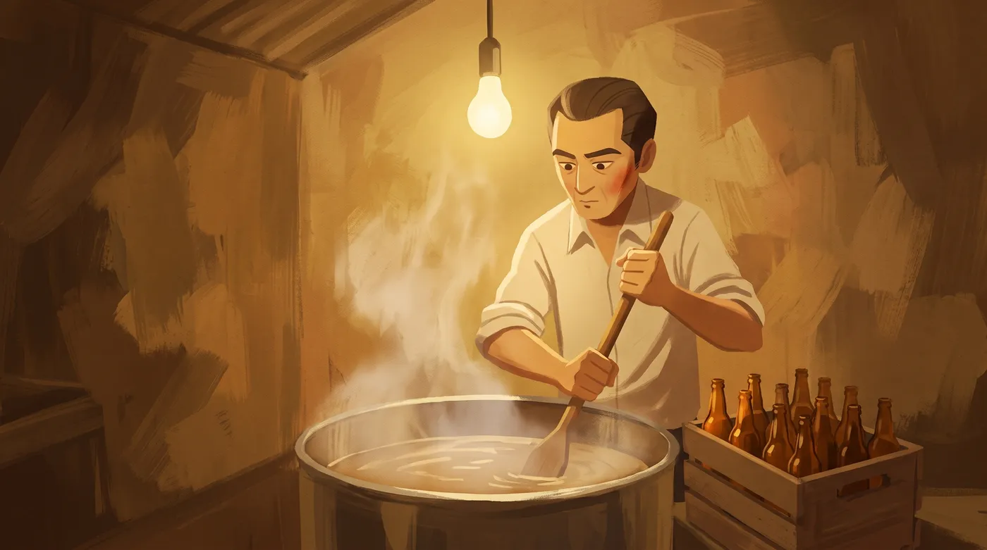 A painted man stirs a steaming pot under a bare bulb in the centre of a flat brown room, small in frame.
