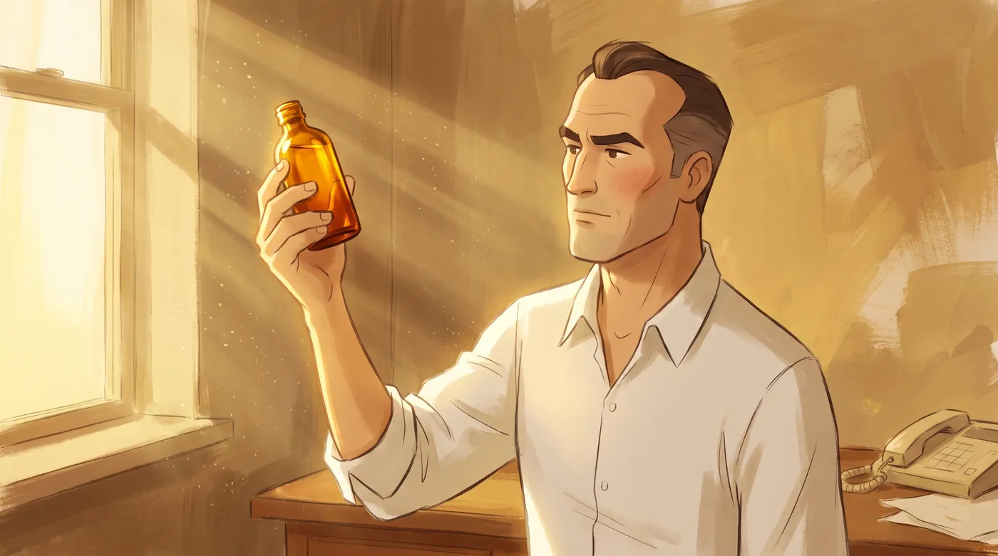A painted man in a white shirt holds an amber bottle up to a sunlit window, looking at it, face large and off centre.