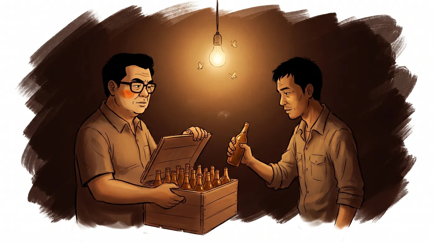 A Bangkok scene with two men that came back with a painted border and a flat wall.