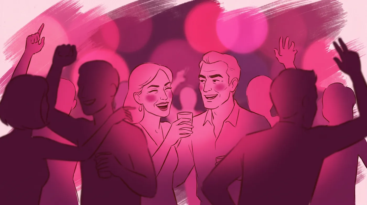 A magenta party scene that collapsed into flat figures against a plain wall.