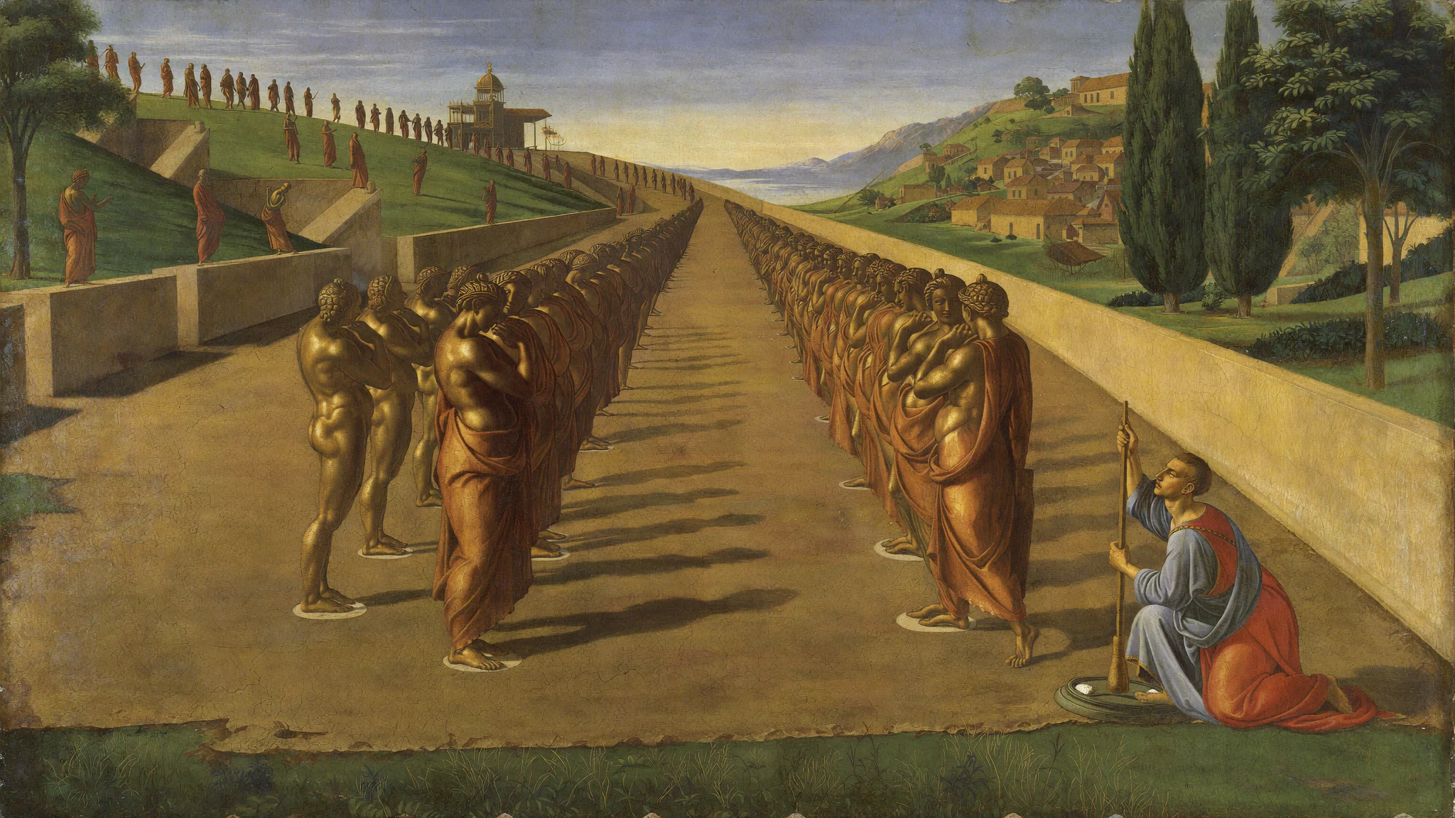 A High Renaissance fresco: long ranks of identical freshly cast bronze figures recede across a hillside yard above a walled town, while one sculptor kneels at the near end cutting a single face into life.